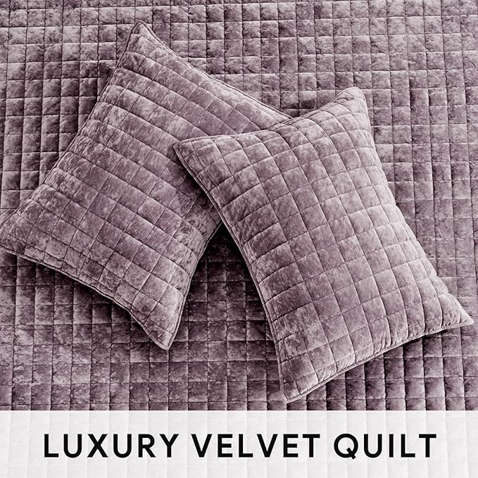 RECYCO Luxury Velvet Quilt Set King Size Bedding Sets, Ultra Soft Velvet Comforter Set, Lightweight Grid Box Stitch Oversized Bedspread Coverlet for All Season, with 2 Shams, Purple