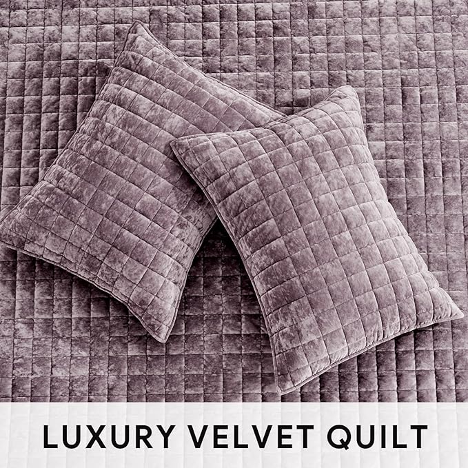 RECYCO Luxury Velvet Quilt Set Full Queen Size Bedding Sets, Ultra Soft Velvet Comforter Set, Lightweight Channel Box Stitch Oversized Bedspread Coverlet for All Season, with 2 Shams, Purple