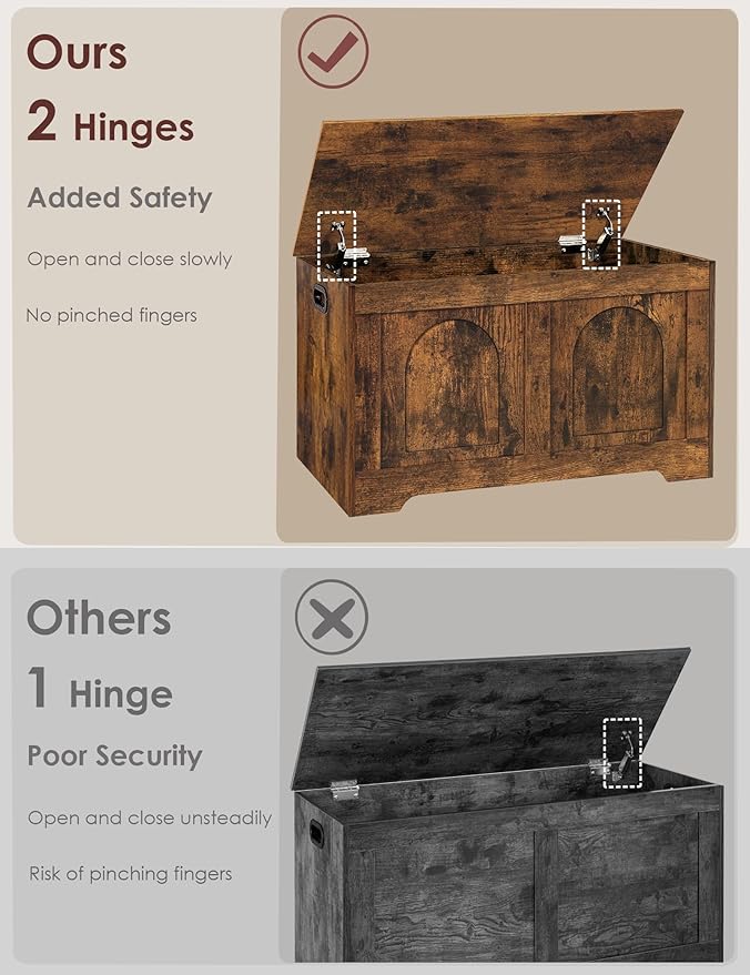 DINZI LVJ Storage Chest, 31.5”Wooden Toy Box with 2 Safety Hinges, Entryway Storage Bench with Flip-Top, Sturdy Storage Trunk for Living Room, Bedroom, Easy Assembly, Rustic Brown