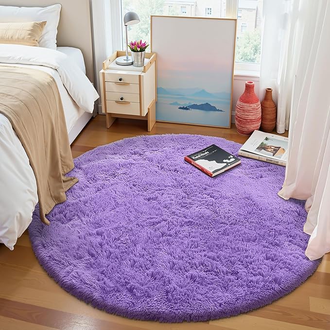 OLANLY Purple Round Rugs for Bedroom - Machine Washable, 8 ft Circle Area Rugs for Living Room, Soft and Fluffy Shaggy Carpet for Teen Girls and Boys, Nursery Rooms, Dorms, Home Decor Aesthetic