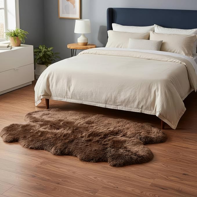 Genuine Dark Brown Sheepskin Rug, Real Fluffy Quad Pelt 4x6 ft Fur Area Rug for Living Room, Bed & Home Decor, Natural Sheep Skin Throw