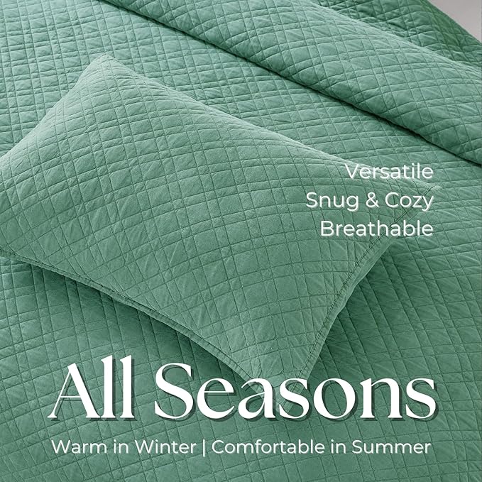 DOWN HOME Twin Quilt Set with Sham Lightweight Quilted Bedspread Coverlet Thin Comforter Bed Cover Vintage Washed Quilted Blanket for All Season, Brushed Microfiber Diamond Stitching, Green, 66"x92"