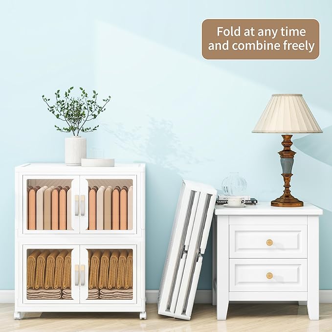 Large Stackable Storage Bins with Lids, 220QT-110QT*2Tier Foldable Cabinet for Closet Organizers, Plastic Storage Containers Box with Wheels
