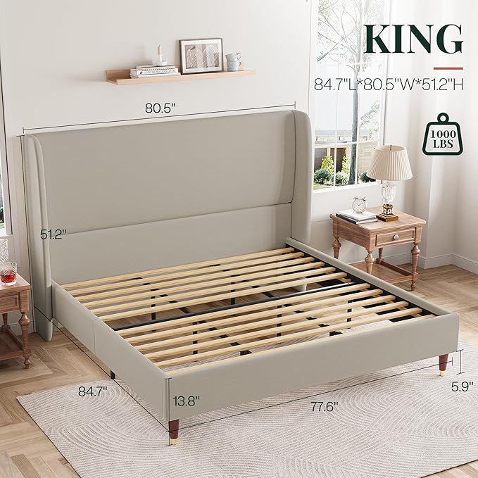 Jocisland King Upholstered Platform Bed Frame with 51.2" Tall Wingback Headboard–Solid Wood Legs, No Box Spring Needed, Brown Linen–Modern Style for Any Bedroom