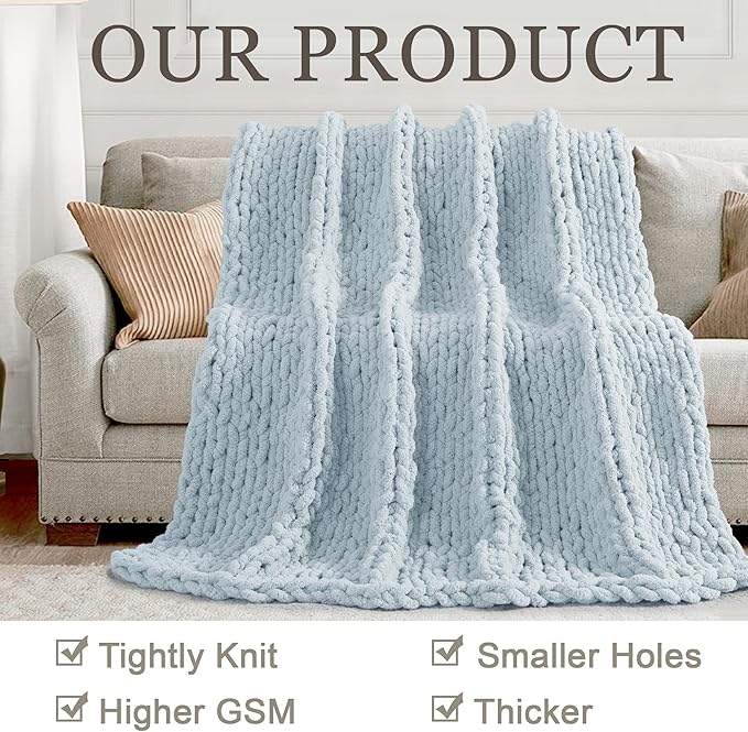 Chunky Knit Throw Blanket 60"X 80", 100% Handmade with Soft Chenille Yarn, 6.7lbs Thick Cable Knitted Blankets, Large Rope Knot Crochet Throws for Couch Sofa Bed Home Decor, Baby Blue