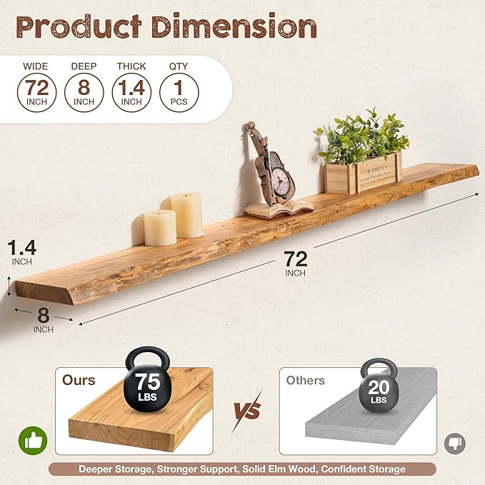 fuqing Live Edge Floating Shelves for Wall 72 inch, 8 Inch Deep Solid Elm Wood Floating Wall Shelves - Rustic Wooden Shelves with Invisible Brackets for Living Room Bedroom Kitchen, 1 Pack, Natural