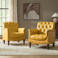 HULALA HOME Mid Century Modern Leather Club Chairs Set of 2, Top-Grain Genuine Leather Armchairs with Button-Tufted Back & Solid Wood Legs, Accent Chairs for Living Room/Bedroom/Home Office, Yellow