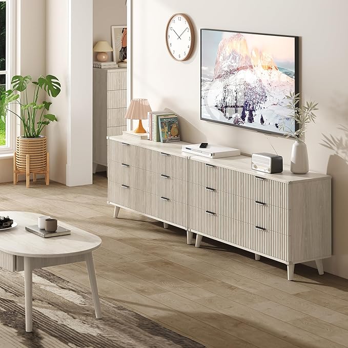 Lulive Wood Dresser for Bedroom with 6 Drawers, 53.2" Long Fluted Modern Chest of Drawers Storage Organizer, Dressers TV Stand for Living Room, Closet, Hallway (White Oak)
