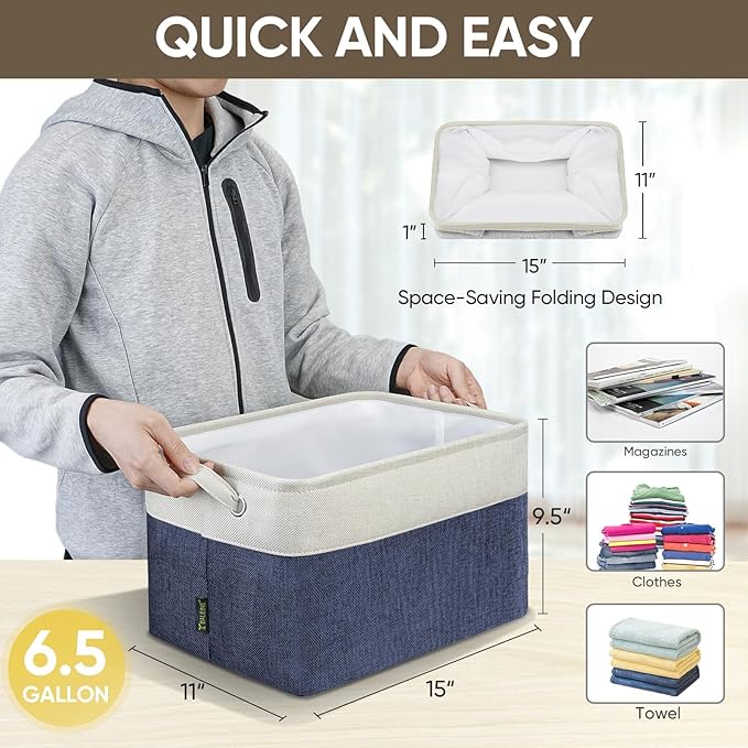 BALEINE 4 Pack Fabric Storage Bins for Shelves, Linen Storage Baskets for Organizing, Decorative Closet Bins for Clothes, Home (Navy Blue, 15"x11"x9.5")
