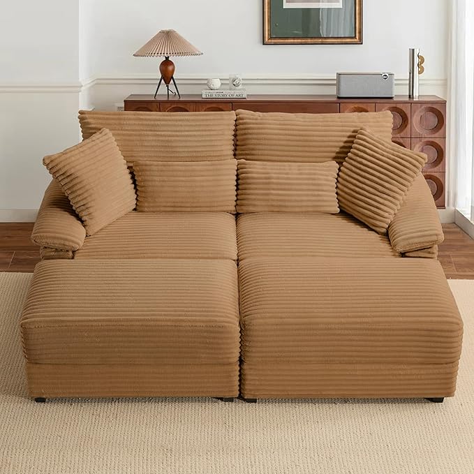 SUNWAVE 74" Double Chaise Lounge Chair Indoor, Oversized Loveseat with Removeable Ottoman, Corduroy Couch with USB Charging, Storage Ottoman, and Coffee Table Cushions for Living Room