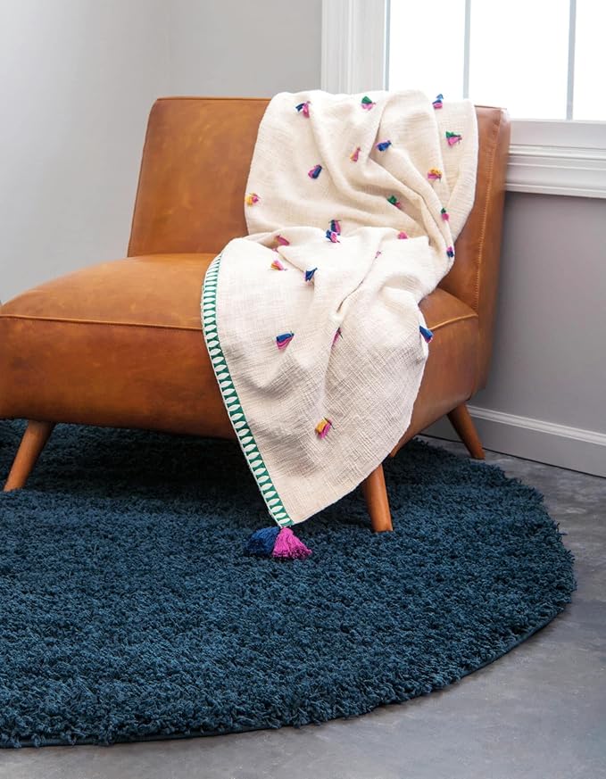 Unique Loom Solid Shag Collection Area Rug (3' 3" Round, Sapphire Blue/ Navy Blue)