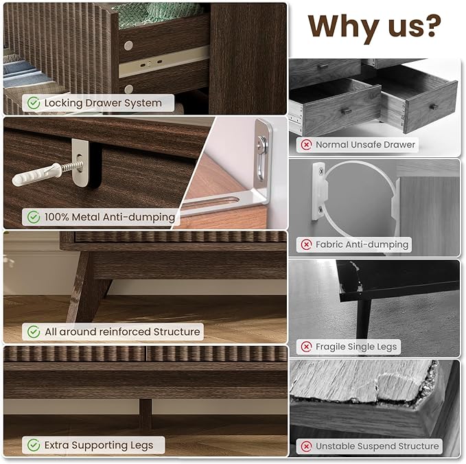 54'' Wide 7 Drawers Dresser for Bedroom,Modern Fluted Vertical Chest with Rounded Corners,Fluted Dresser for Living Room,Hallway, Walnut