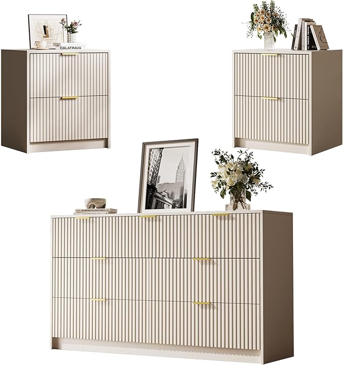 3-Piece Dresser Bedroom Set, 7 Drawer Dresser & 2 Drawer Nightstands with Gold Handles, Fluted Wood Chest of Drawers for Bedroom, Living Room, Entryway, Beige