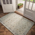 Washable 3x5 Entryway Rug, Boho Non-Slip Vintage Distress Small Rugs for Kitchen Nursery Office Bedroom, 0.3" Neutral Oriental Throw Thin Carpet with Cushioning Pad, Grey/Beige/Orange/Multi