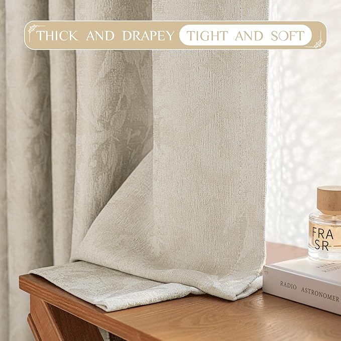 Beauoop Beige Floral Jacquard Blackout Curtains 90 Inches Long 2 Panels for Bedroom Living Room Chenille Flower Room Darkening Thermal Insulated Soundproof Rod Pocket Back Tab Window Drapes 52x90