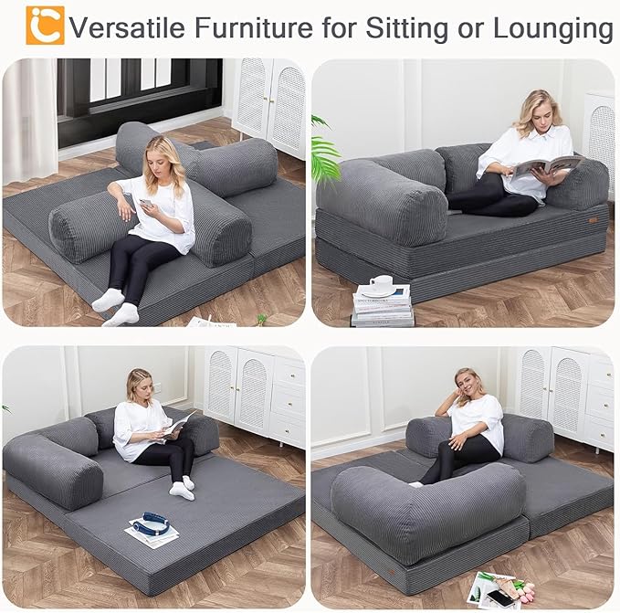 COMAX Futon Sofa Bed, 4-in-1 Floor Foldable Sofa Couch Queen with L-Shaped Armrests, Convertible Folding Chair Bed Sleeper Mattress Fold Out Comfy Lounge for Living Room Bedroom, Grey