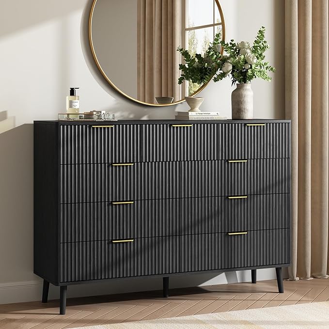 CARPETNAL Fluted 9 Drawer Dresser for Bedroom, 55" Wide Wooden Chest of Drawers with Rounded Corners, Gold Handles, Modern Storage Organizer for Bedroom, Hallway(Black)