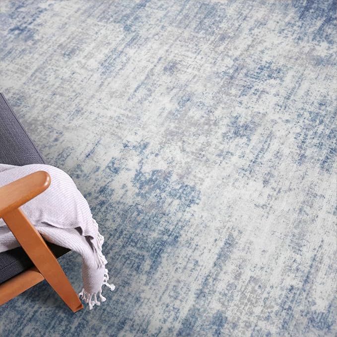 IOHOUZE Abstract Area Rugs 9x12 Ft Washable Large Rugs for Living Room, Non Slip Dining Room Rug, Printed Faux Wool Rugs for Bedroom, Floor Carpet for Office Nursery Playroom, Light Blue White