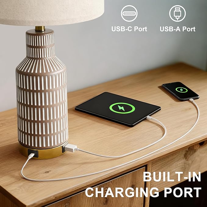 25" Modern 3-Way Dimmable Touch Control with USB A+C Ceramic Lamps Set of 2 Table Lamp for Living Room Bedroom Farmhouse Nightstand Bedside Brown