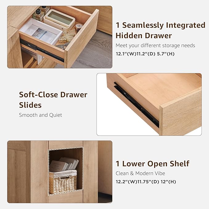 OKD 24'' Modern Nightstands Set of 2, Large Wooden End Table with Charging Station & Drawer & Storage Shelf, Rustic Square Bedside Table for Bedroom, Living Room, Wood Thick Design,Natural Oak