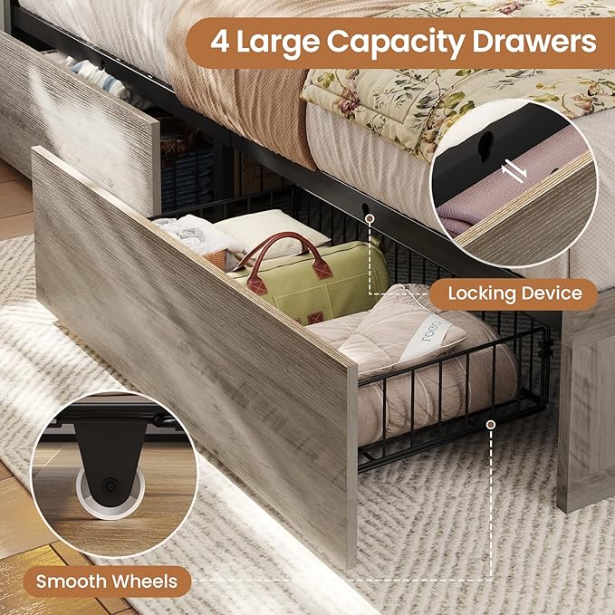 VIAGDO Farmhouse Bed Frame King Size with Bookcase Storage Headboard, Charging Station and LED Lights, Wooden King Bed Frame with 4 Drawers, Barn Door Design, No Box Spring Needed, No Noise, Grey
