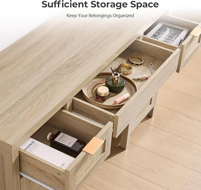 SICOTAS 2 Pieces Rattan Vanity Home Office Desk - Big Boho Makeup Vanities Benches with Drawers & Storage Cabinets, Dressing Vanity Table for Makeup Room, Bedroom, Home Office, Light Oak
