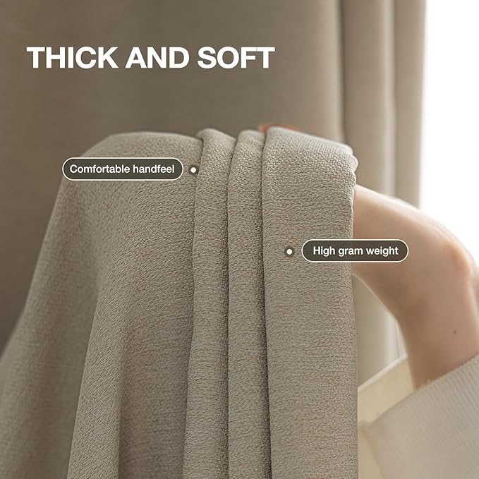 Blackout Curtains for Bedroom, Thermal Insulated Curtains 63 Inch Length Curtain 2 Panels, Soft Farmhouse Linen-Look Textured Full Light Blocking Room Darkening Drapes, W52xL63, Natural