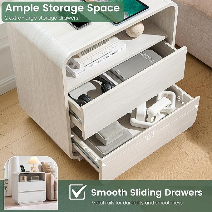 Farmhouse White Nightstand with Charging Station, 25" Tall Wood Bedside Table, Modern Night Stand with 2 Storage Drawers, Curved Profile, End Table for Bedroom, Dorm, Sofa, Office