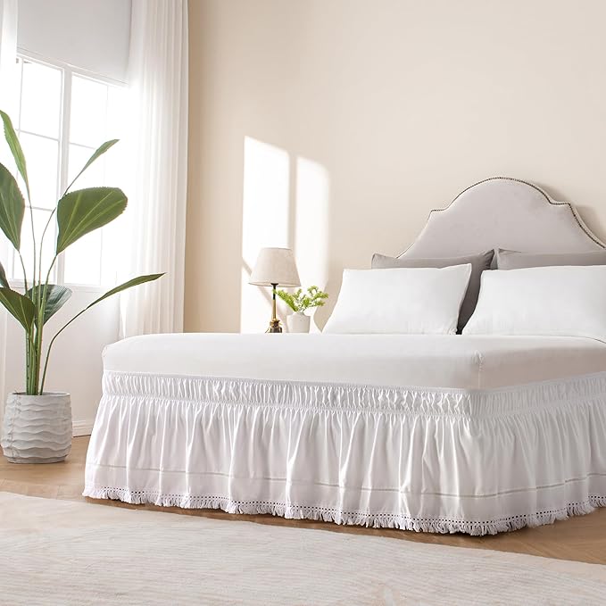 MIYE Wrap Around Ruffled Lace Bed Skirt, Elastic Dust Ruffle with Adjustable Belts, Easy to Put On, Bed Frame Cover, Machine Washable (Tassel Ruffle/White, King/Queen-12.5" Drop)