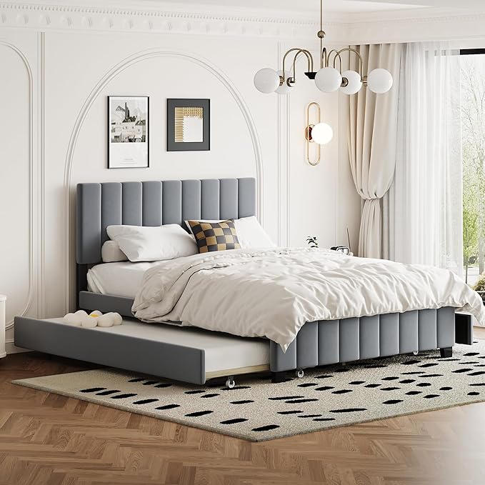 Queen Bed Frame with Trundle Bed,Velvet Upholstered Platform Bed Frame with Storage Drawers,Queen Size Trundle Bed with Headboard for Kids Teens Adults,Gray