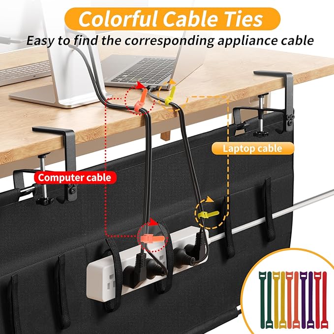 No Drill Under Desk Cable Management Tray, 28" Cord Organizer with Clamp, Fabric Cable Management for Standing Desks, Ideal for Home & Office - Black