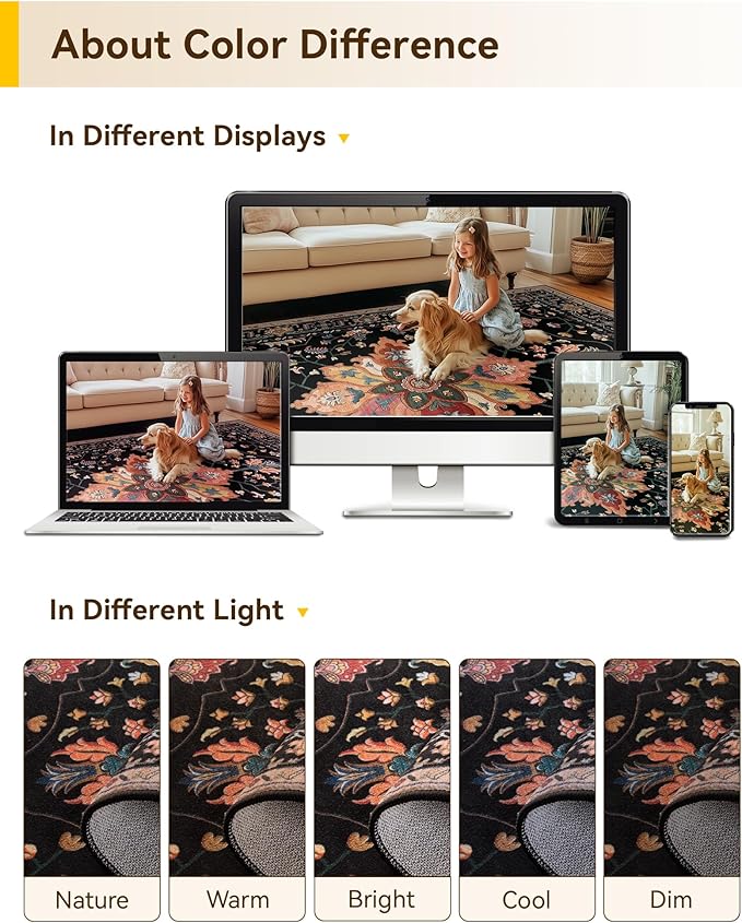 Area Rugs 3'x8' Washable Non-Slip, Floral Vintage Distress Print Pattern Medallion Carpet for Living Room Bedroom Dining Room, Black Colorful Floral Dark Tan