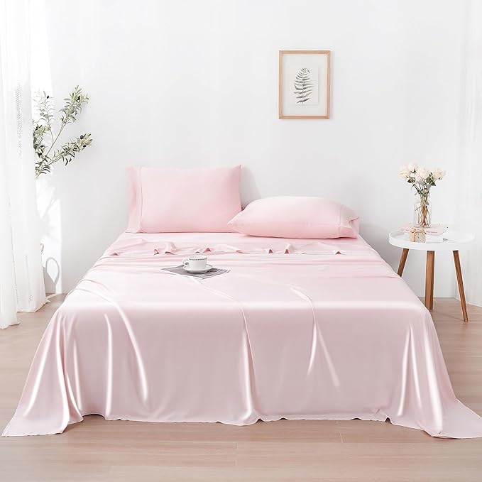 Linen World Queen Size 400TC Cooling Bed Sheet Set - 100% Organically Grown Viscose Sheets, Silky Soft & Breathable, Deep Pocket Fits Up to 16", 4-Piece Sheets with Pillowcases,Baby Pink