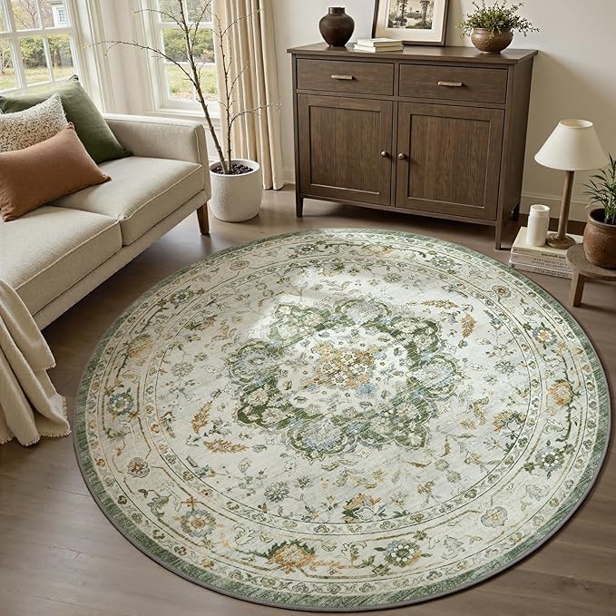 PADOOR 6FT Round Rug,Rugs for Living Room,Soft Green Circle Rug,Machine Washable Rugs for Bedroom,Non Slip Carpet,Rug for Dining Room Living Room Bedside Office