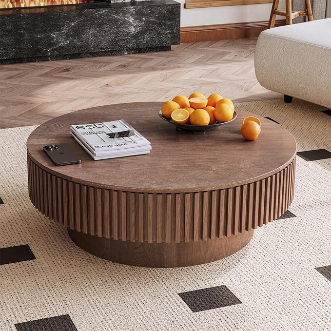 LKTART Round Coffee Table for Living Room, Accent Fluted Drum Coffee Table with Storage, Modern Solid Wood Veneered Circle Center Tea Table for Small Space Apartment (39.4''D×14''H-Walnut)