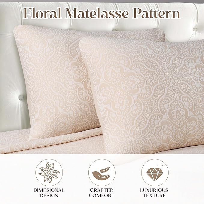 Superior 3 Piece Bedspread Set, Home Bed Decor, Decorative Bed Spread, 2 Pillow Shams, Medium Weight Blanket, Floral Matelasse Coverlet, Bedding Essentials, Enzy Collection, King, Ivory