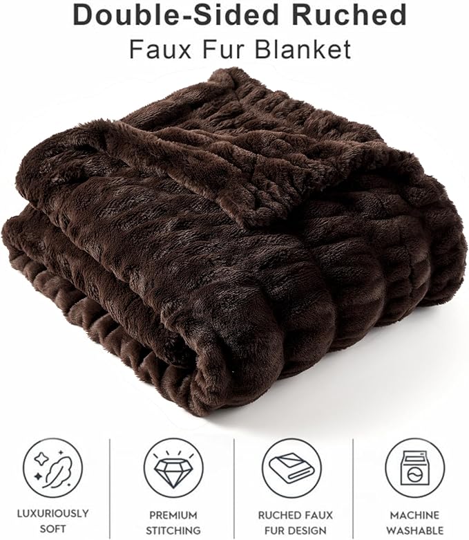 BATTILO HOME Dark Brown Faux Fur Throw Blanket for Bed, Double Side Reversible Ruched Faux Rabbit Fur Throw for Couch, Bed, Super Soft Blanket Cozy Warm Mink Blanket, 60"x80"