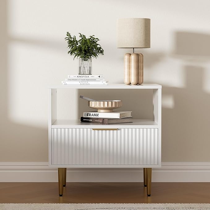 White Nightstand Set of 2, Modern Nightstand with Drawer, End Table with Storage, Bed Side Table with Open Space for Bedroom, Living Room, White