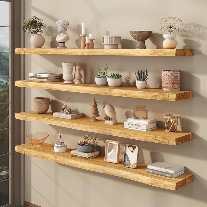 fuqing Live Edge Floating Shelves for Wall 55 inch, 8 Inch Deep Solid Elm Wood Floating Wall Shelves - Rustic Wooden Shelves with Invisible Brackets for Living Room Bedroom Kitchen, 1 Pack, Natural