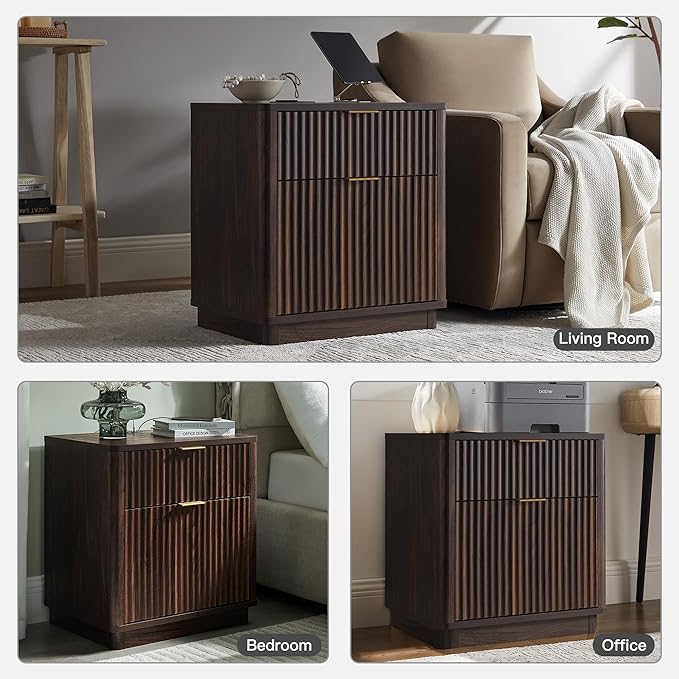 T4TREAM 23'' Fluted Nightstand Set of 2 with Charging Station, Large 2 Drawer Bedside Table, Modern End Table with Storage, Mid Century Night Stand for Bedroom Living Room, Curved Profile, Dark Walnut