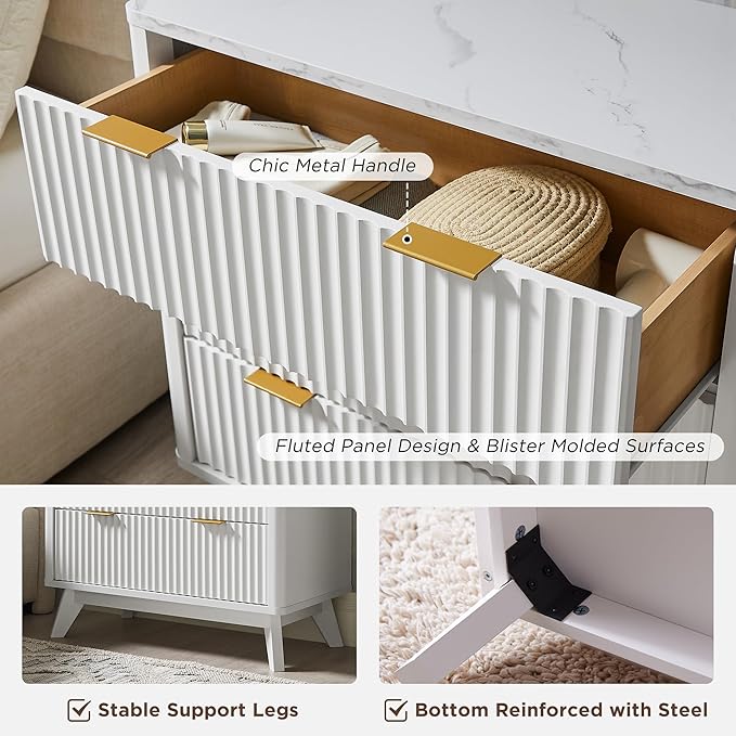 T4TREAM Fluted 3 Drawers Nightstand, Oversized Extra Large Modern Side Table with Faux Marble Top, End Table Bedside for Bedroom, Living Room, Curved Profile Design, Solid White