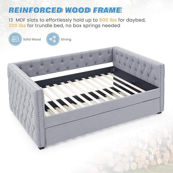 Daybed with Trundle, Modern Upholstered Full Size Day Bed Button-Tufted Sofa Daybed Frame with A Roll-Out Trundle, No Box Spring Needed, Furniture for Bedroom Living Room Guest Room (Light Grey, Full)
