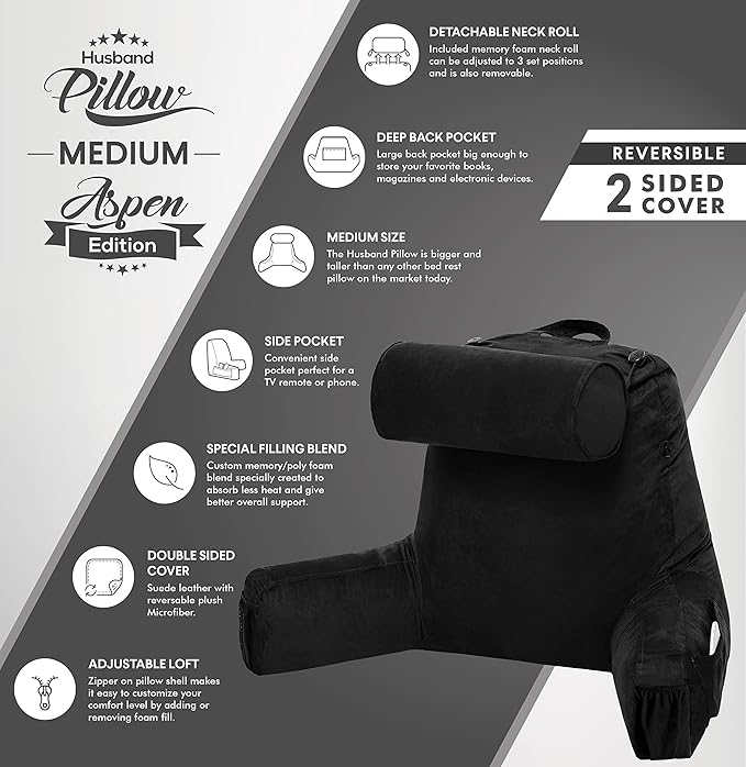 Husband Pillow Medium Aspen Edition Stable Black, Sit Up Reading & Bed Rest with Arms, Ultra-Comfy, Detach Neck Roll - Premium Shredded Memory Foam Backrest, Reverses to Micro: Suede or Plush