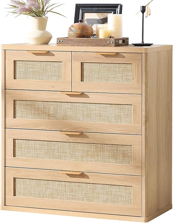 LEYAOYAO Rattan Dresser for Bedroom, 33.5" Tall Chest of Drawers, Modern 5 Drawers Boho Dressers with Storage, Light Oak Dresser Wooden Closet Organizer for Living Room, Hallway, Natural Wood