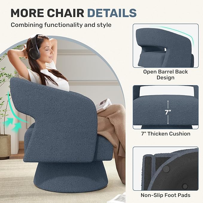 Swivel Accent Chair, Modern Comfy Teddy Barrel Chairs, Oversized Upholstered Round Arm Chair for Living Room, Bedroom, Reading Room, Blue, 1 PCS