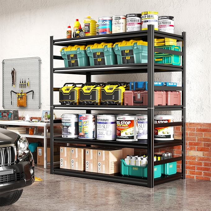 Storage Shelves, Garage Metal Shelving Unit, Adjustable, Double-Layer Column with Reinforced Ribs, Heavy-Duty, Capable of Bearing 600-3600 lbs (Black, 45''W*16''D*63''H, 5-Tier)