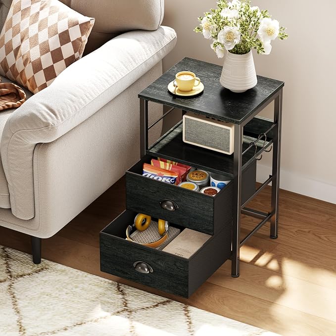Furologee Nightstands Set 2, Night Stand with 2 Fabric Drawers, Bedside Tables with Open Shelf, Wooden Top, Hooks, Backboard Design, Metal Frame, End Tables for Bedroom/Living Room/Study/Black Oak