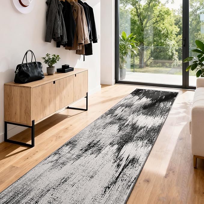 3x6 Kitchen Hallway Runner Rug: Long Washable Rug Runner Non-Slip Indoor Abstract Rugs - Low Pile Soft Floor Runners for Bedroom Living Room Dining Entryway Bathroom Laundry Black White 3x6