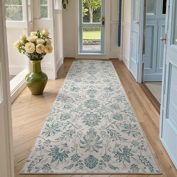 jinchan Torino Runner Rugs 3x8 Vintage-Inspired Floral Design Machine Washable Non-Slip Ultra-Thin Low Pile Rubber Backing Traditional Rug for Kitchen Hallway Laundry Room Entryway