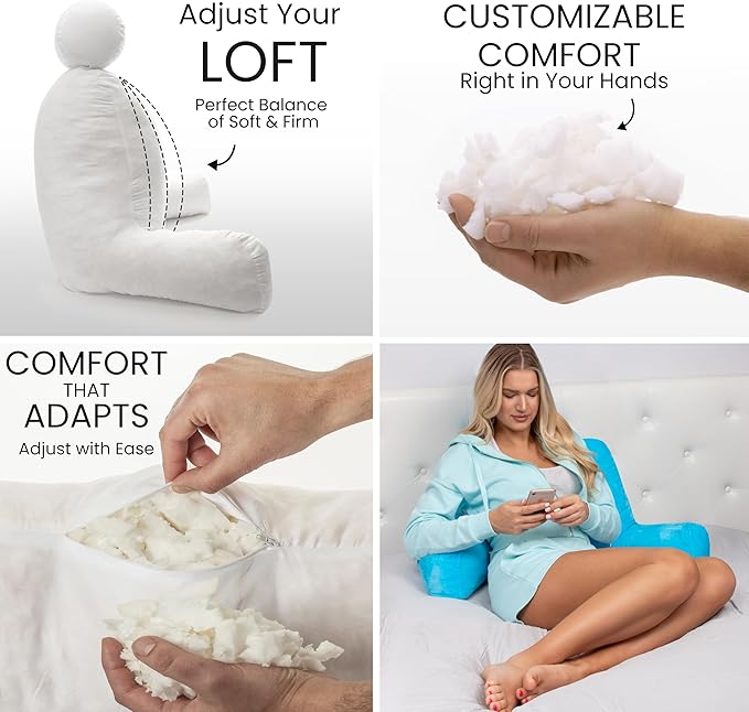 Husband Pillow Carolina Blue, Original Reading Pillow in Bed Rest Chair, Shredded Memory Foam Large Lounge Cushion Adult Backrest with Arms, Comfy Back Support, Sit Sitting Up, Wash/Removable Cover